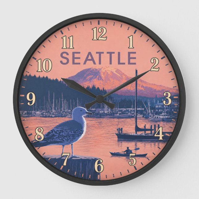 Relógio Grande Seattle Washington Harbor Mount Rainier Sunset (Frente)
