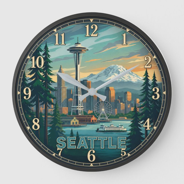 Relógio Grande Seattle Washington Space Needle and Mount Rainier (Frente)
