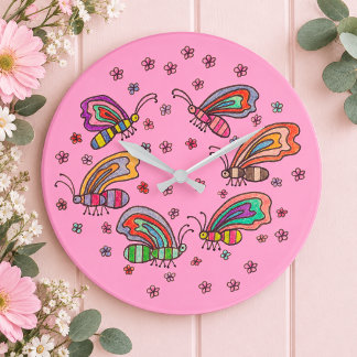 Relógio Grande Senhora Borboleta Rosa
