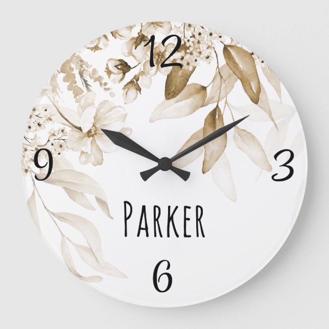 Relógio Grande Sepia Baby Nursery Arte Neerlandesa Aquarela Flora (Frente)