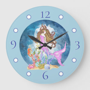 Relógio Grande Sereia Roxa Aquarela Grande Clock de Parede Acríli