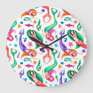 Relógio Grande Sereias Aquarela: Padrão Oceânico sem costura