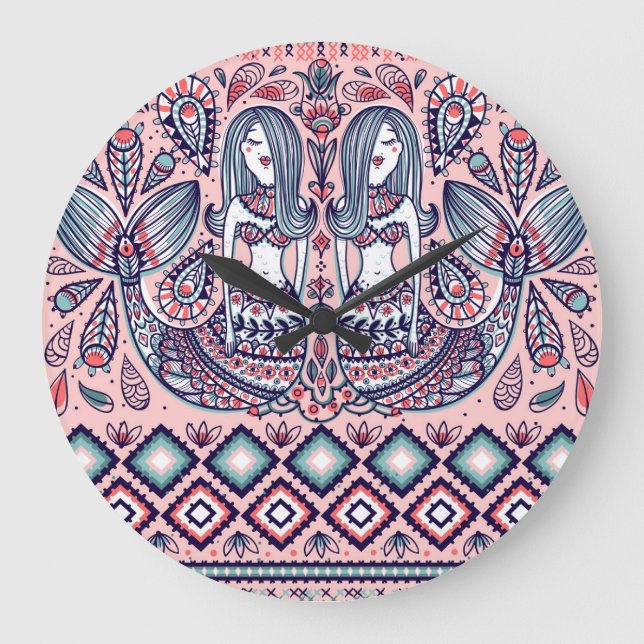 Relógio Grande Sereias Elementos Folclóricos Vintage Invisível (Frente)