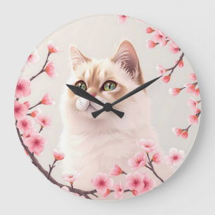Relógio Grande Serene Birman Cat Portrait Com Blossomas De Cereja