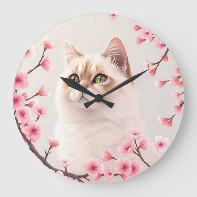 Relógio Grande Serene Birman Cat Portrait Com Blossomas De Cereja (Frente)