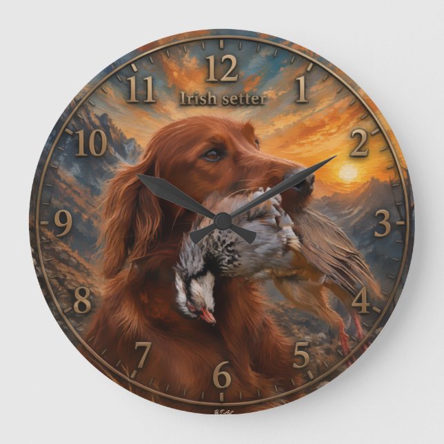Relógio Grande Setter Irlandês com Perdiz Chucar ,Arte  (Frente)