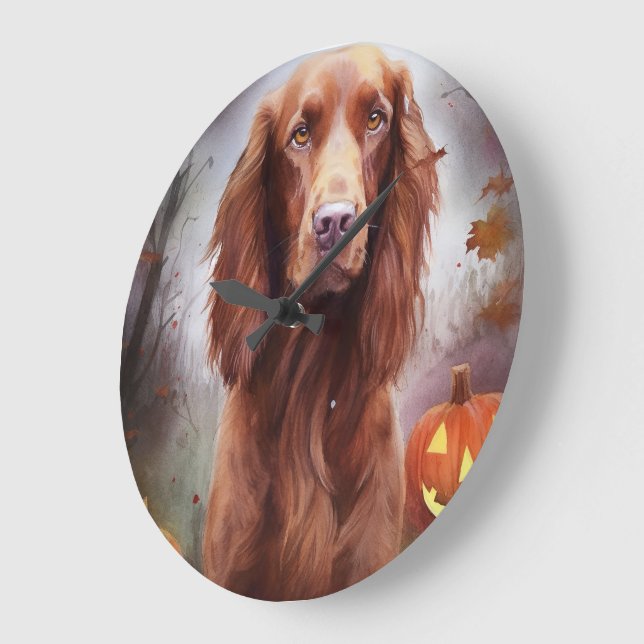 Relógio Grande Setter Vermelho Irlandês de Halloween com Abóboras (Ângulo)