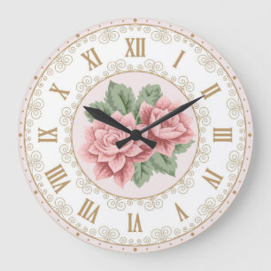 Relógio Grande Shabby Chic Francês Vintage Rosa Dourado Rosa