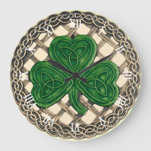 Relógio Grande Shamrock Beige E Nódulos Célticos Redondos