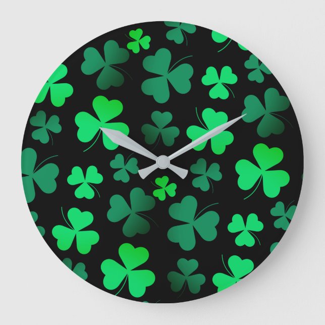 Relógio Grande Shamrock Clover Modern Trendy Black and Green (Frente)