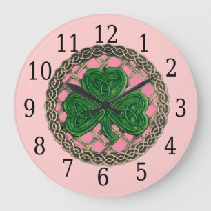 Relógio Grande Shamrock Cor-De-Rosa E Nódulos Célticos Redondos