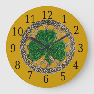 Relógio Grande Shamrock Dourado E Nódulos Celtais Redondos
