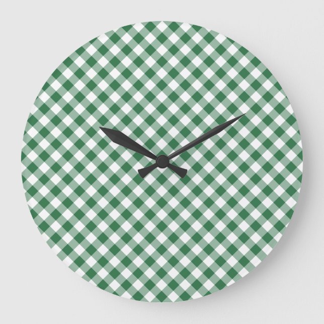 Relógio Grande Shamrock Green e White Check Gingham Wall Clock (Frente)