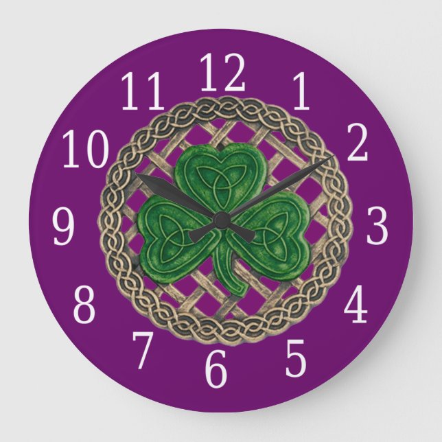 Relógio Grande Shamrock Roxo E Nódulos Célticos (Frente)