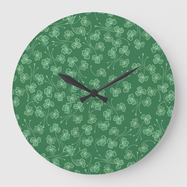 Relógio Grande Shamrocks Verdes Escuros Chic Ditsy Patterno Wall  (Frente)
