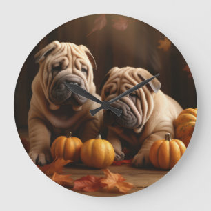 Relógio Grande Shar Pei Puppy Autumn Delight Pumpkin