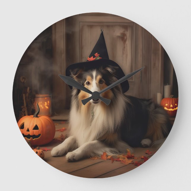Relógio Grande Shetland Sheepdog Pumpkins Halloween Assustado (Frente)