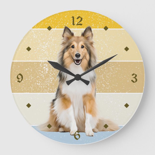 Relógio Grande Shetland Sheepdog Retro Sunset Clock (Frente)