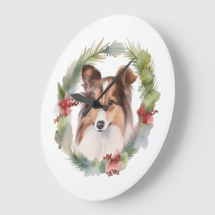 Relógio Grande Shetland Sheepdog Wreath Festivo Pup