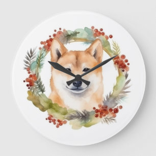 Relógio Grande Shiba Inu Wreath Festivo