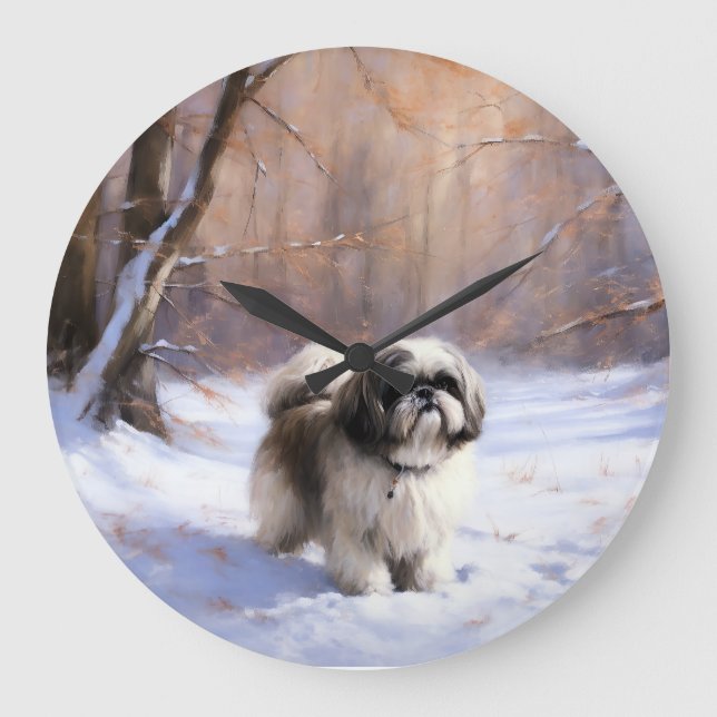 Relógio Grande Shih Tzu Deixe-O Neve Natal (Frente)