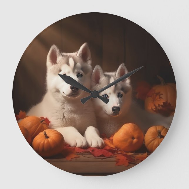 Relógio Grande Siberian Husky Puppy Autumn Delight Pumpkin (Frente)