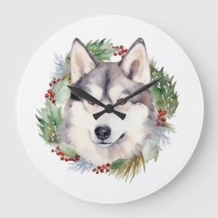 Relógio Grande Siberian Husky Wreath Festiva Pup