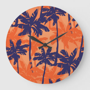 Relógio Grande Silhueta azul de palma, fundo laranja