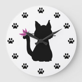 Relógio Grande Silhueta de Gato Preto Borboleta Rosa