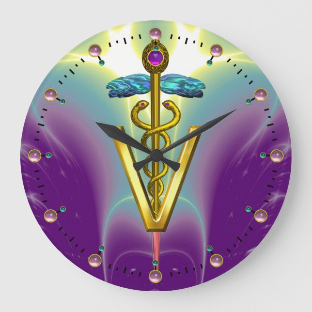 Relógio Grande SÍMBOLO VETERINÁRIO do CADUCEUS DOURADO/cerceta (Frente)