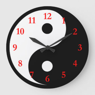 Relógio Grande Símbolo Yin Yang branco/preto com números vermelho
