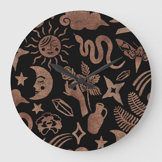 Relógio Grande Símbolos místicos: cobra, sol, lua. (Frente)