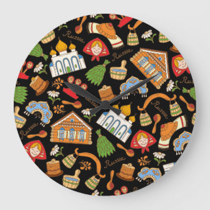 Relógio Grande Símbolos Russos: Padrão Vintage Colorido.