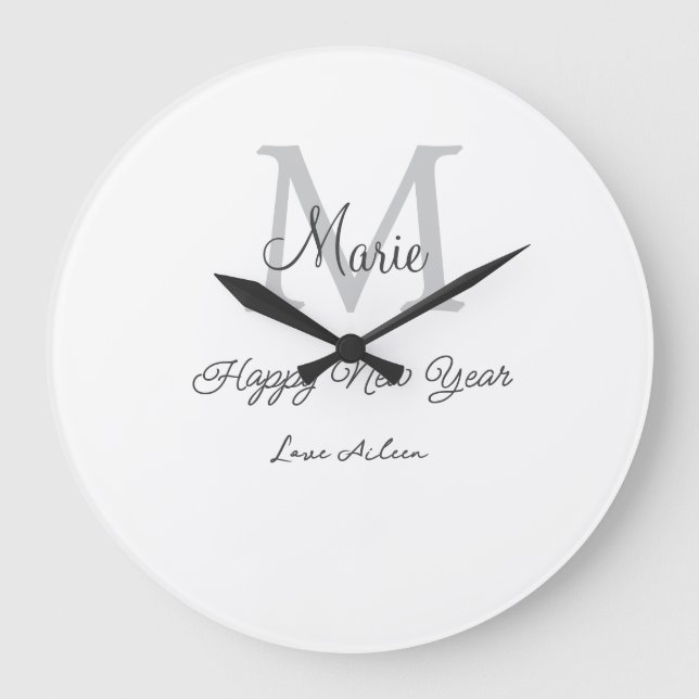 Relógio Grande simple minimal happy new year monogram gray name  (Frente)
