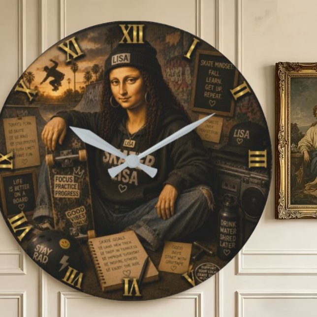 Relógio Grande Skateboarding Funny Mona Lisa Skater Gift (Criador carregado)