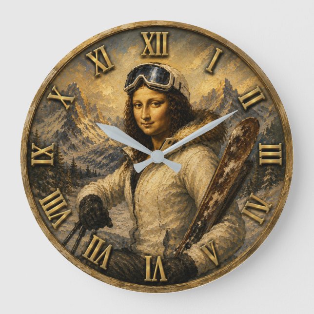Relógio Grande Skiing Funny Mona Lisa Skier Gift  (Frente)