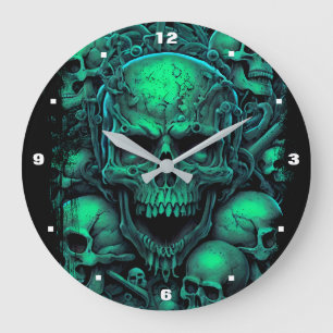 Relógio Grande Skulls Green Black Scary Biker Gótico Halloween