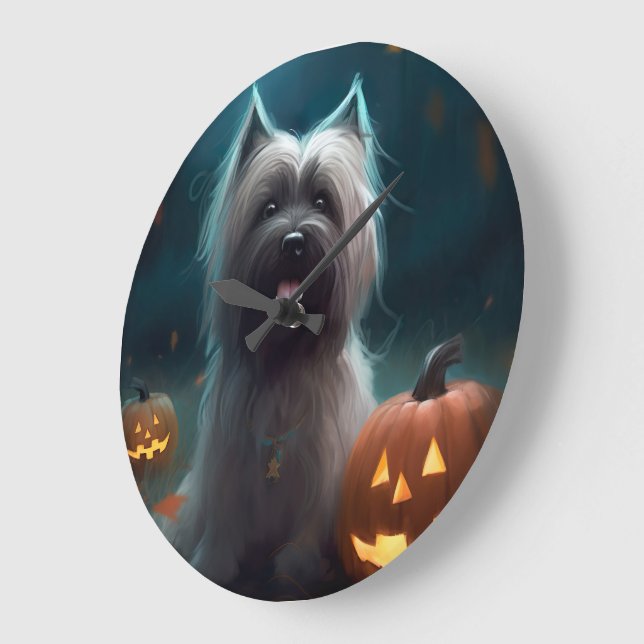 Relógio Grande Skye Terrier de Halloween com Abóboras Assustadora (Ângulo)