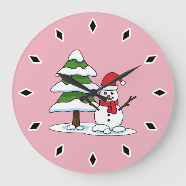 Relógio Grande Snowman com Snowy Pine Tree (Frente)
