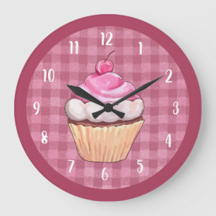 Relógio Grande Sobremesa da padaria Gingham, cor-de-rosa-cupcake