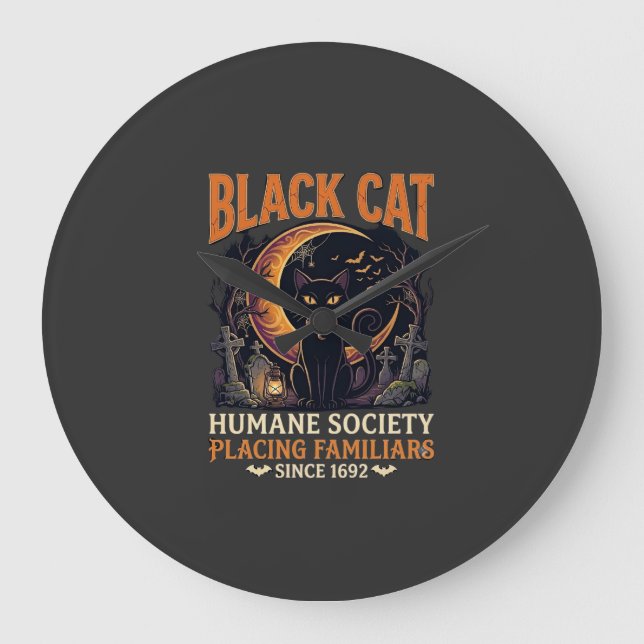 Relógio Grande Sociedade Humana Black Cat Halloween Crescente Lua (Frente)