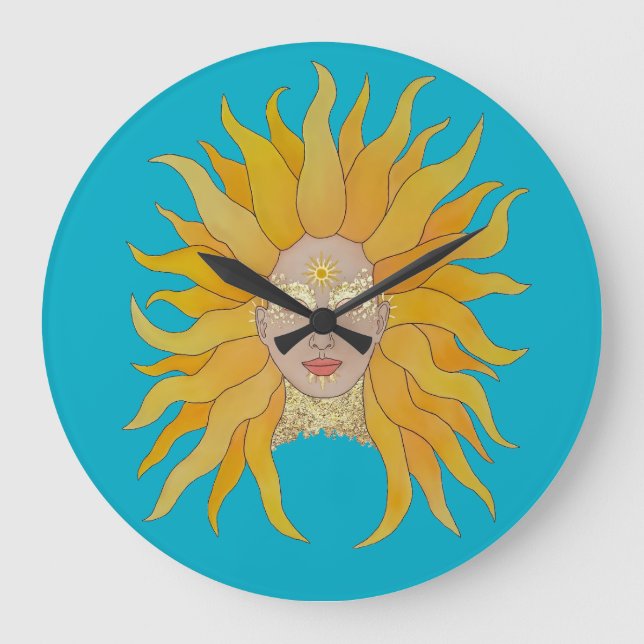 Relógio Grande Sol de ouro amarelo turquesa inspirado (Frente)