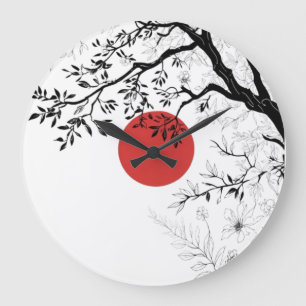 Relógio Grande Sol Vermelho Japonês e Arte de Árvore com Pincel