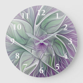 Relógio Grande Sonho de Flor, Arte Fractal Abstrata Roxa Verde