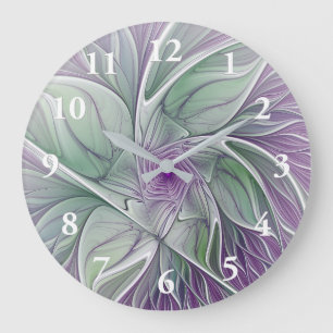 Relógio Grande Sonho de Flor, Arte Fractal Abstrata Roxa Verde
