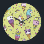 Relógio Grande Sorvete pop Cute: Padrão Animal<br><div class="desc">Ilustração vindimada de cones de sorvete-Cute Pop que se parecem com animais. Um padrão de sorvete perfeito com animais. Plano de fundo da safra. Abraçar o espírito do México com o crânio de açúcar e o padrão sem costura de rosa. Faça uma jornada com esta arte de grafite em uma...</div>