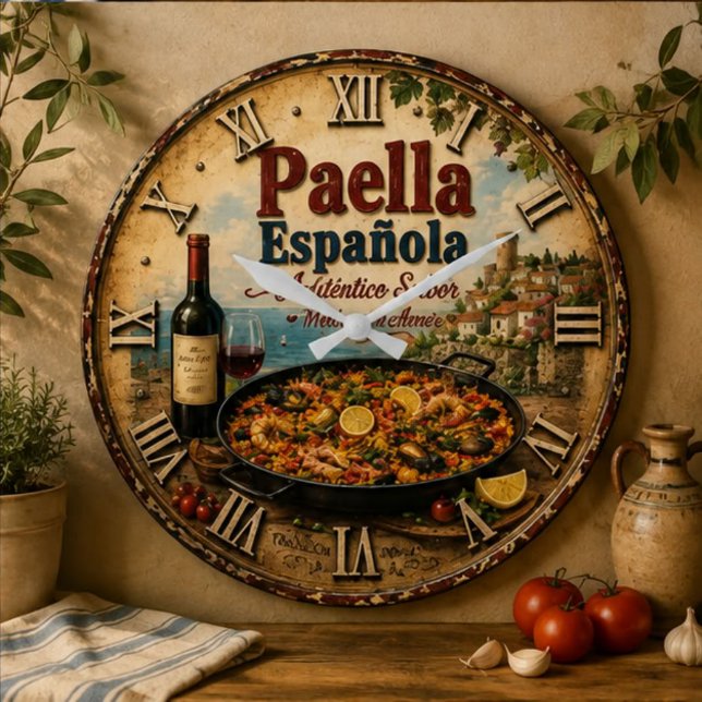 Relógio Grande Spanish Paella Rustic Mediterranean Kitchen  (Criador carregado)