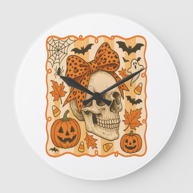 Relógio Grande Spooky Skull Halloween (Frente)
