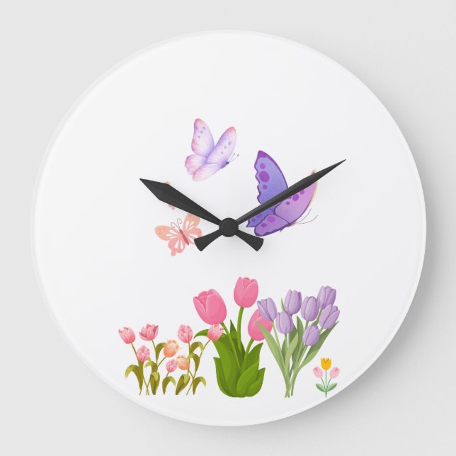 Relógio Grande Spring Garden Butterfly Wall Clock – Pink Tulips & (Frente)