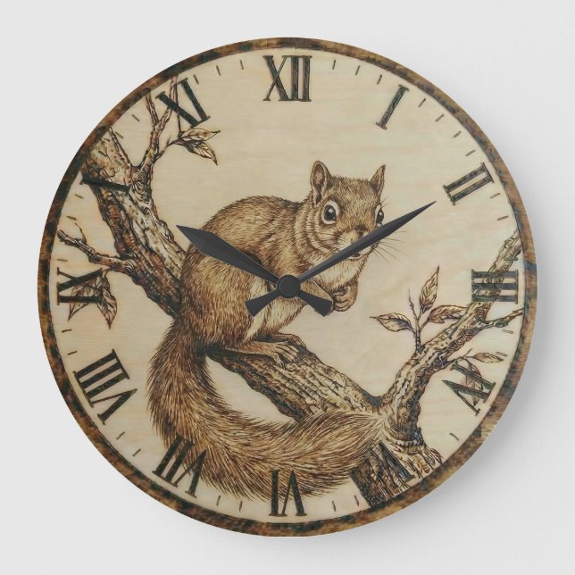 Relógio Grande Squirrel Wall Clock - Cozy Woodland Charm (Frente)